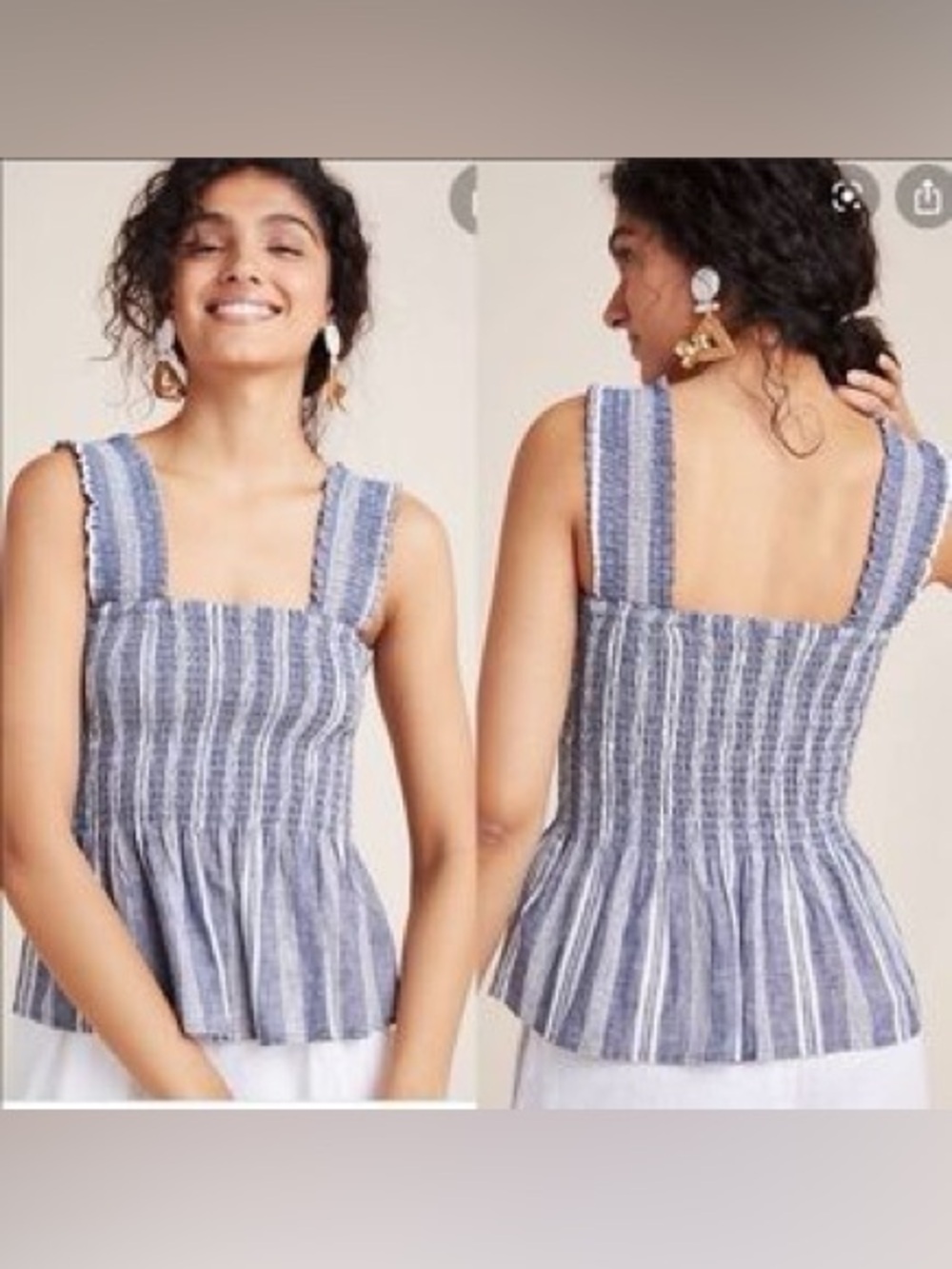 anthropologie Schuyler Smocked Peplum Linen Cotton Blouse Size XL